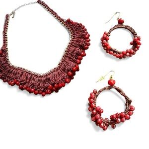 Boho Red Beaded Statement Necklace & Hoop Earrings Set – Macramé Woven Fringe
